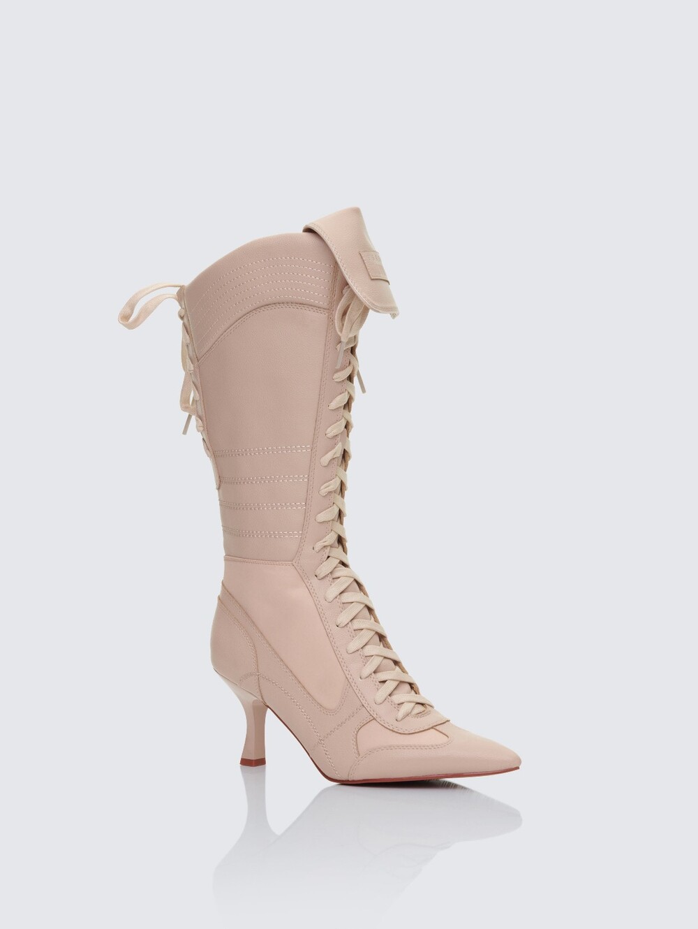 Lace-Up Knee High Heeled Boot in Blush Pink